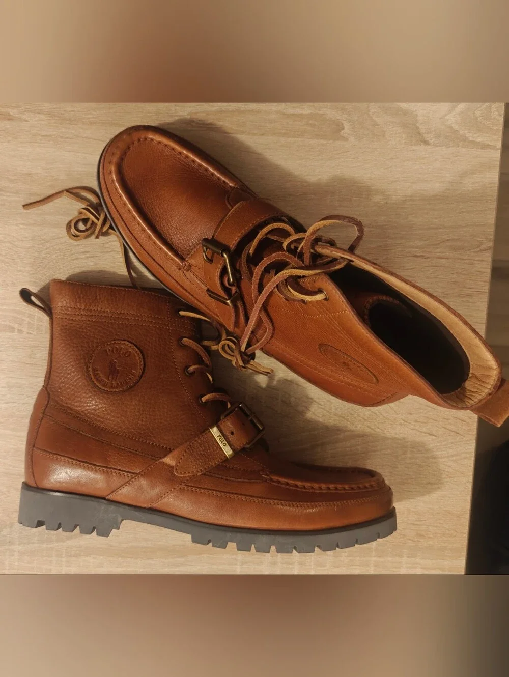 Mens 11.5 Polo Ralph Lauren Ranger Boots brown tan high leather strap shoes logo
